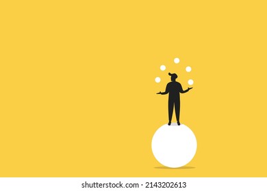 Man juggles the balls while he is balacing on a big ball. Multitasking concept, busy with business, training juggling, fun free time. yellow background