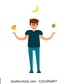 man juggles with ripe fruit,vector image, flat design, cartoon character