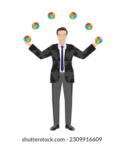 Man jugglin with balls in the air. Costume with puzzle pieces. Isolated on white. Vector illustration.