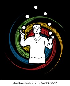 A man juggling balls designed on spin wheel background graphic vector.