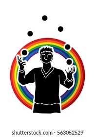 A man juggling balls designed on line rainbows background graphic vector.