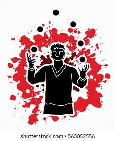 A man juggling balls designed on splatter blood background graphic vector.