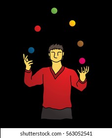 A man juggling balls designed using red grunge brush graphic vector.