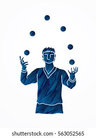A man juggling balls designed using blue grunge brush graphic vector.