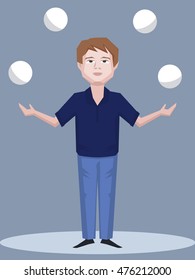 man juggling with balls - vector cartoon illustration of skill and concentration
