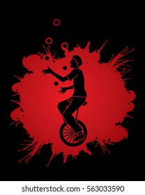 A man juggling balls while cycling designed on splatter blood background graphic vector.