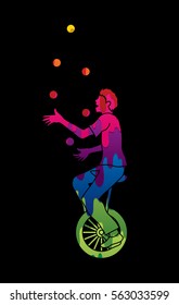 A man juggling balls while cycling designed using melting colors graphic vector.