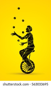 A man juggling balls while cycling designed using black grunge brush graphic vector.