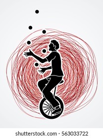 A man juggling balls while cycling designed on grunge line background graphic vector.