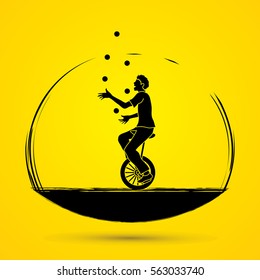 A man juggling balls while cycling graphic vector.