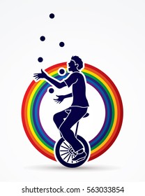 A man juggling balls while cycling designed on line rainbows background graphic vector.