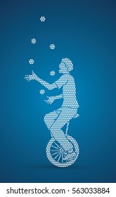 A man juggling balls while cycling designed using geometric pattern graphic vector.