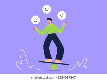 A man juggling between good and bad emotions. Mental and emotional health concept. Flat vector illustration on a colorful background.