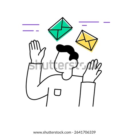Man juggling flying email envelopes. Incoming message flat design. Digital communication concept illustration. Email overload symbol.