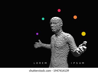 Man juggling multitasking. Creativity at work. Time to plan. Person considers many options choose best choice. Digital technology background. Voxel art. 3D vector illustration.