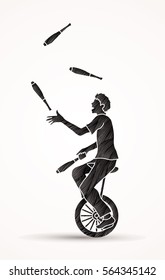 A man juggling pins while cycling designed using black grunge brush graphic vector.