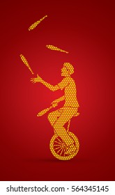 A man juggling pins while cycling designed using geometric pattern graphic vector.