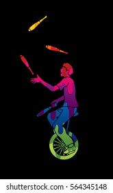 A Man Juggling Pins While Cycling Designed Using Melting Colors Graphic Vector.