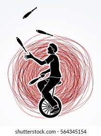 A man juggling pins while cycling designed on gunge stroke background graphic vector.