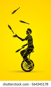 A man juggling pins while cycling designed using black grunge brush graphic vector.