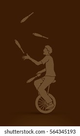 A man juggling pins while cycling designed using dots pixels graphic vector.