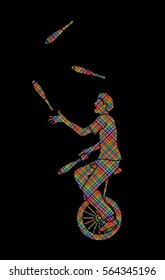 A man juggling pins while cycling designed using colorful pixels graphic vector.