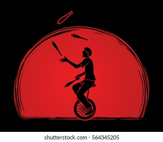 A man juggling pins while cycling designed on sunlight background graphic vector.