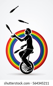 A man juggling pins while cycling designed on line rainbows background graphic vector.