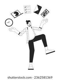 Man juggling of tasks bw concept vector spot illustration. Man balancing on one leg 2D cartoon flat line monochromatic character for web UI design. Productivity editable isolated outline hero image