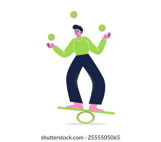 A man juggling while balancing on a seesaw. Physical and mental balance concept. Flat vector illustration isolated on a white background.