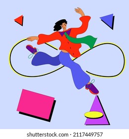 A man in a jump in bright clothes against a background of geometric objects and an infinity sign. The concept of positive overcoming difficulties, levitation, escape from reality.