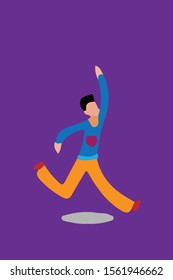 a man jump fun, flat cartoon character isolated on purple background. vector illustration.