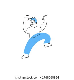 Man jump and have fun. Dance and movement. Enjoying life. Outline character with geometric shapes. Modern trendy illustration