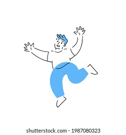 Man jump and have fun. Dance and movement. Enjoying life. Outline character with geometric shapes. Modern trendy illustration