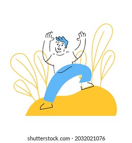 Man jump and have fun. Dance and movement. Enjoying life on abstract nature background. Outline character with geometric shapes. Modern trendy illustration