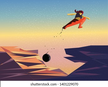 Man jump up high or climb the mountain and cross the gap.Man destroyed his bondage,chain and pendulum and freely jump up high in the sky.The concept of 
brave heart or freedom.Or solve the problem.