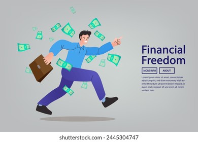 Man jump high with money rain. income or salary increase or career opportunity. Success businessman achieve financial freedom. happy millionaire with plenty of money and wealth. vector illustration.