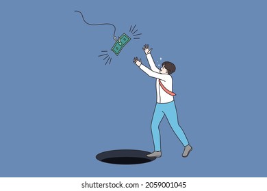 Man Jump For Money Fall Into Hole. Male Desire Strive For Easy Cash Finances Not Aware Of Hidden Risks. Risky And Dangerous Business Affair Or Deal. Financial Trap Concept. Flat Vector Illustration. 