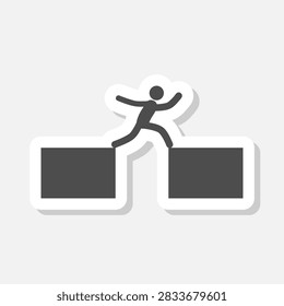 Man jump over a gap from cliff sign icon sticker isolated on gray background