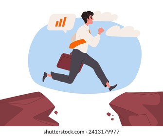 Man jump over gap concept. Worker and businmesssman overcome obstacles. Motivation, success and leadership. Metaphor of entrepreneurship and business problems. Cartoon flat vector illustration