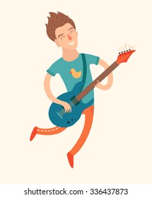 Man in a jump, playing electric guitar, vector illustration  on white background