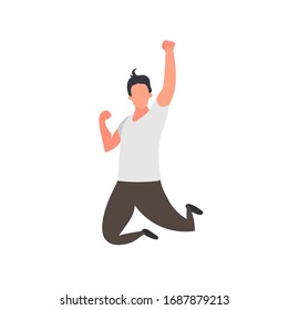 Hombre en un salto con la mano levantada. Aislado sobre un fondo blanco. El símbolo de la victoria. Vector.