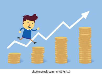 Man jump from a small pile of money to big pile of coins. Illustration about success in  financial goals.