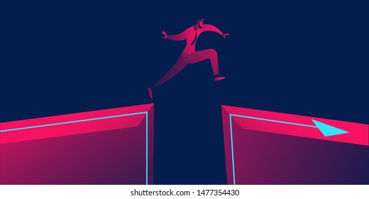 Man jump through the gap between hill.man jumping over cliff . Business concept of courage, bravery, overcome risk. in red and blue neon gradients