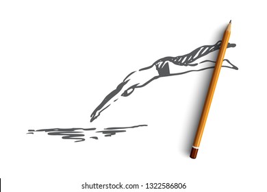 Man, jump, water, pool, dive concept. Hand drawn man jumping in water concept sketch. Isolated vector illustration.