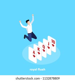 the man jumped for joy that he had collected a winning combination of cards in poker, a royal flush, an isometric image