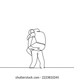 man jumped on a man and he is holding him - one line drawing vector. concept long-awaited meeting of missed lovers, friends or family members