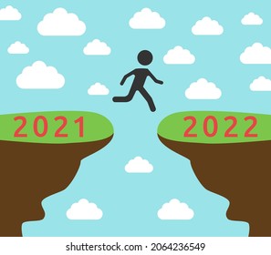 Man jumping from 2021 on 2022. Time, New Year, beginning, milestone, challenge and overcoming obstacles concept. Flat design. Vector illustration. EPS 8, no gradients, no transparency