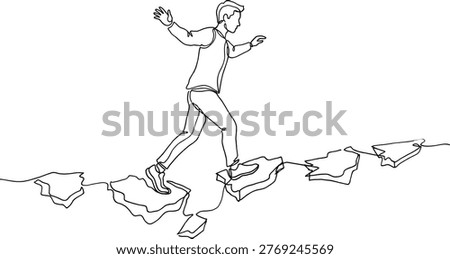Man jumping across broken stones path risk challenge courage success journey determination concept minimal line art illustration design