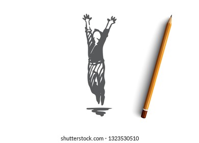 Man, jumping, active, health, motion concept. Hand drawn happy male person jumping concept sketch. Isolated vector illustration.